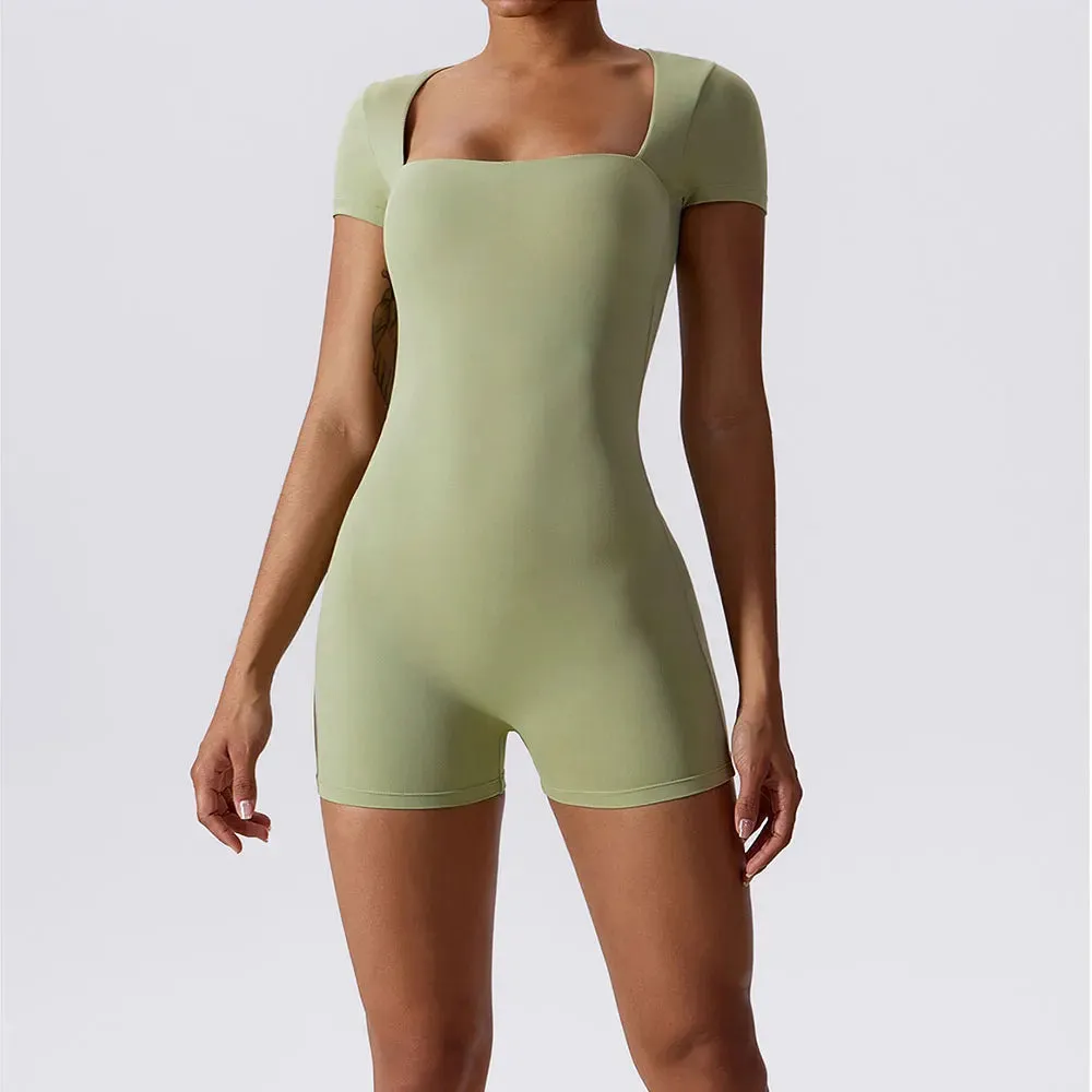 1 - WC - Women's Yoga Suit: Short sleeve, one-piece bodysuit for summer fitness and training