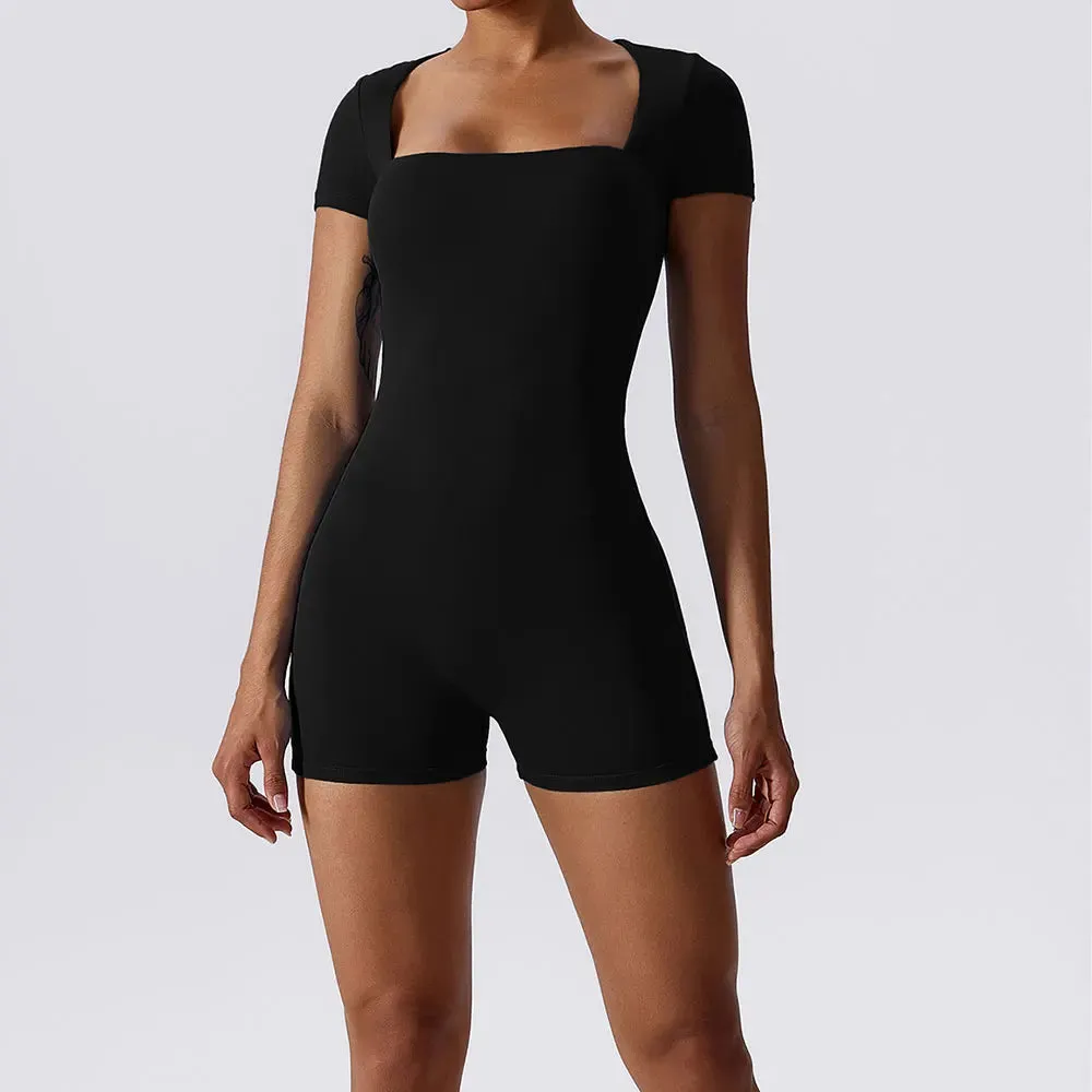 1 - WC - Women's Yoga Suit: Short sleeve, one-piece bodysuit for summer fitness and training