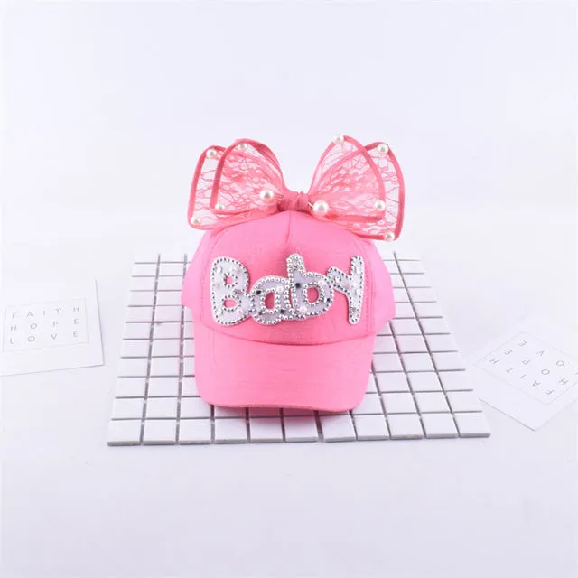 2017 Children Hip Hop Baseball Cap Summer Baby rabbit ear pearl bow kids Sun Hat Boys Girls snapback Caps for 2-8 years old