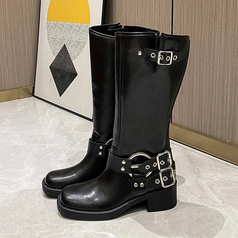 Amozae-Buckle Knee High Boots Woman PU Leahter Motorcycle Boots Woman Brown Mid Length Boots Chunky Retro Punk Western Knights' Boots