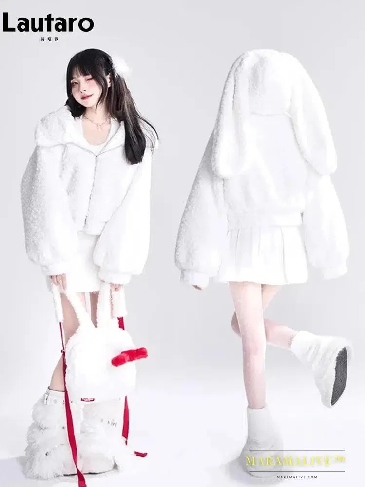 Autumn Winter Sweet Cute Lovely Warm Soft White Short Faux Fur Coat Women  with Bunny Ears Fluffy Jacket Hoodie 2023