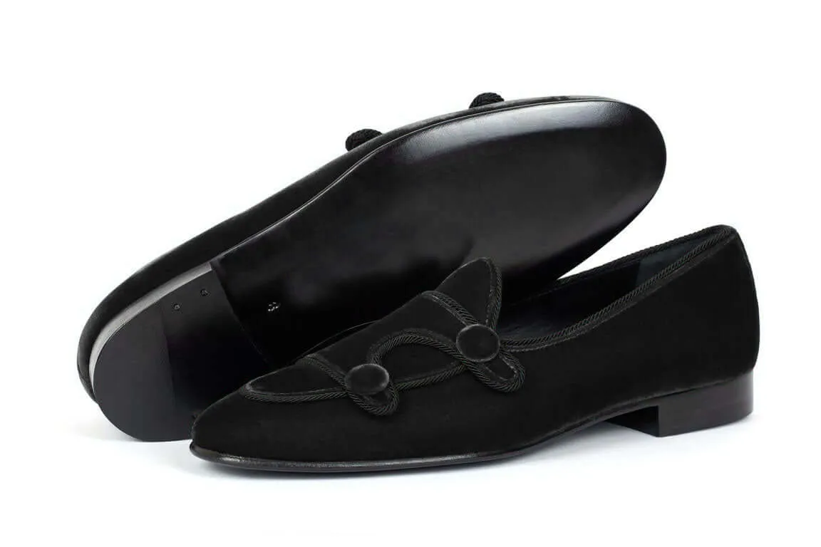 Black Belgina Loafer Velvet Shoes, Double Monk Style Men Party Shoes