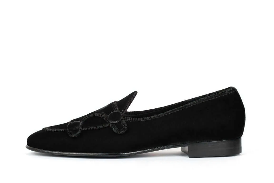 Black Belgina Loafer Velvet Shoes, Double Monk Style Men Party Shoes