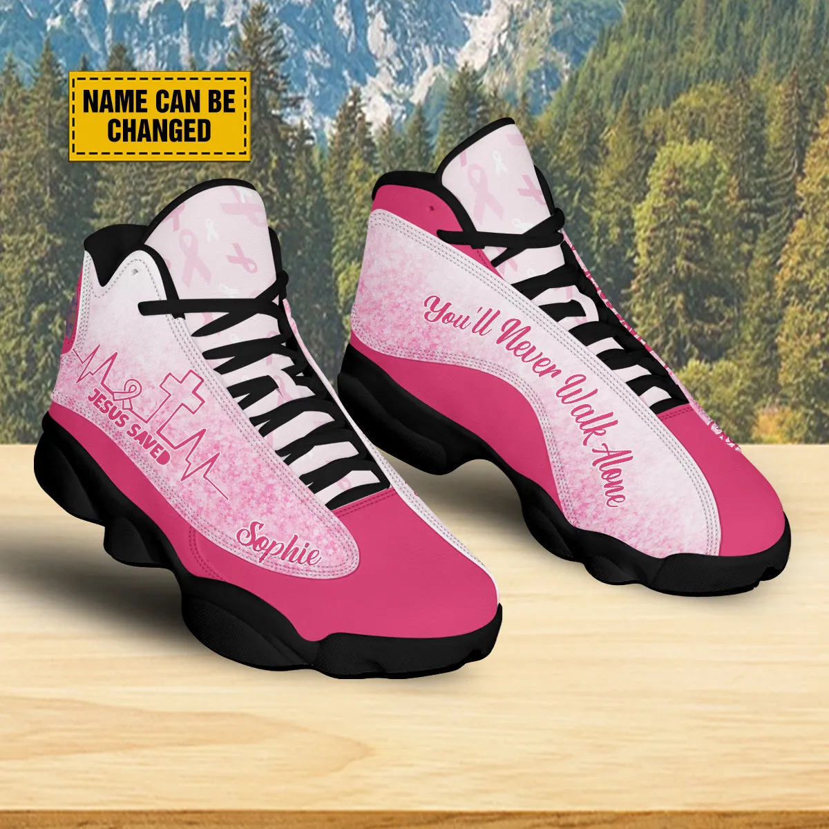 Breast Cancer Warrior Personalized J13 Shoes - Jesus Saved Heartbeat You'll Never Walk Alone Shoes