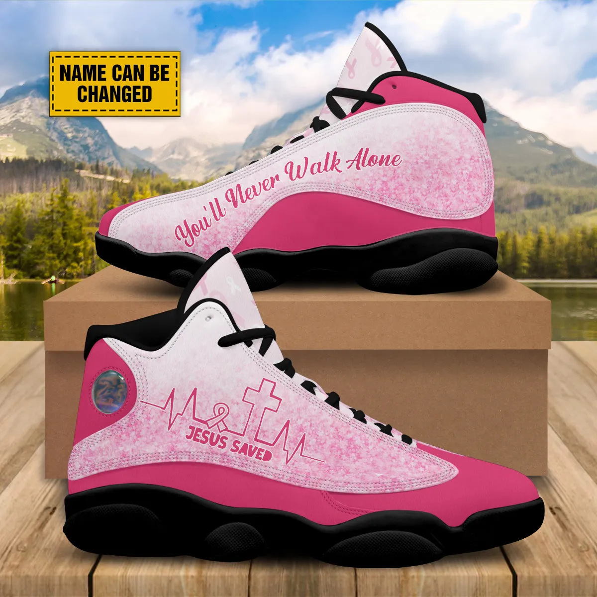 Breast Cancer Warrior Personalized J13 Shoes - Jesus Saved Heartbeat You'll Never Walk Alone Shoes