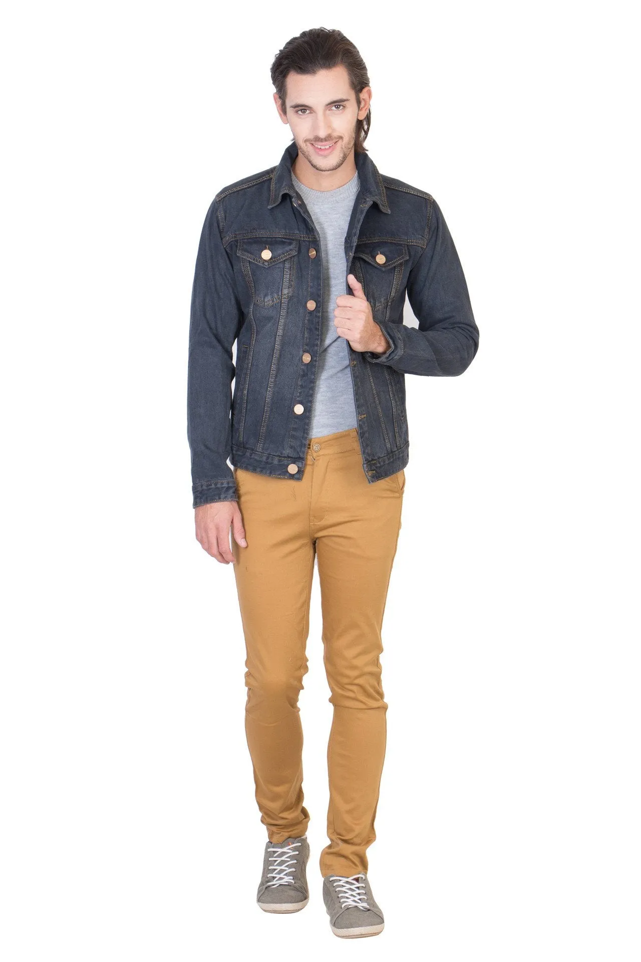 Full Sleeve Tinted Blue Men's Denim Jacket with Brass Button