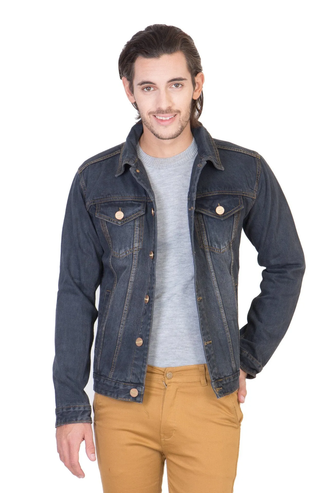 Full Sleeve Tinted Blue Men's Denim Jacket with Brass Button