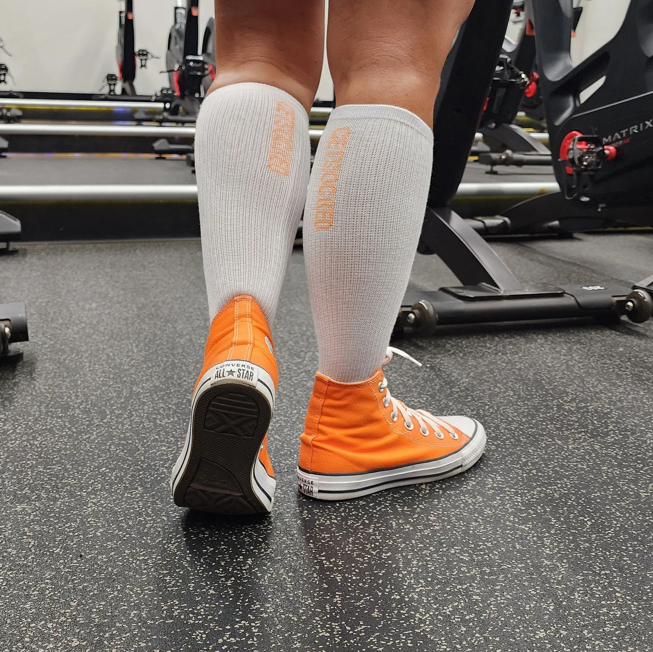 Gym Socks - White with Orange Writing