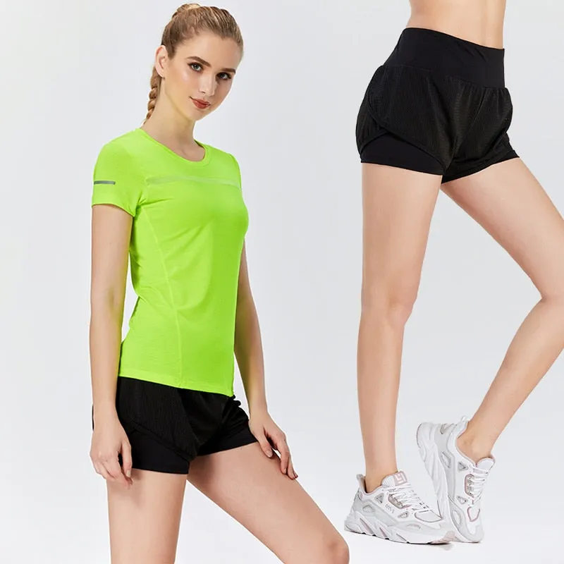 Gym Women's Sport Shirts Quick Dry Running T-shirt Sleeve Fitness Clothes Tees Gym Yoga Women Running Set Workout Clothes