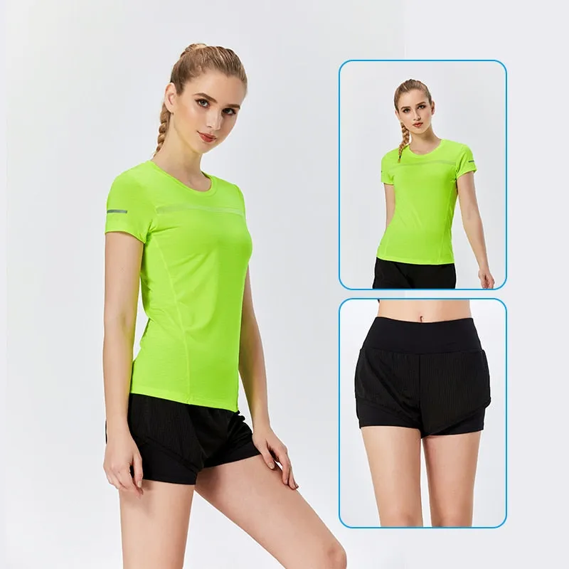 Gym Women's Sport Shirts Quick Dry Running T-shirt Sleeve Fitness Clothes Tees Gym Yoga Women Running Set Workout Clothes