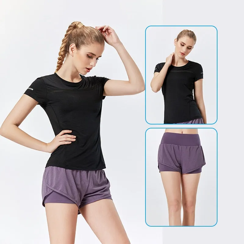 Gym Women's Sport Shirts Quick Dry Running T-shirt Sleeve Fitness Clothes Tees Gym Yoga Women Running Set Workout Clothes