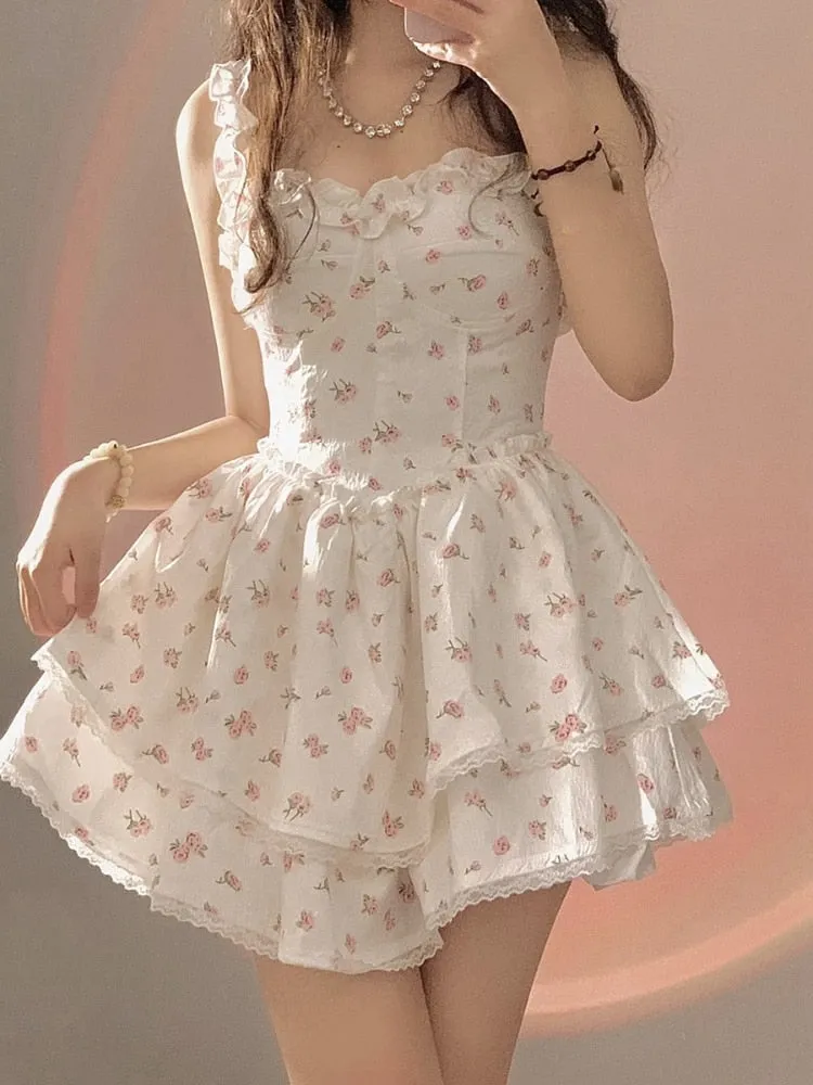 Joskka Summer Lace Kawaii Dress Women Vintage Sleeveless Elegant Sweet Mini Dress Female Floral Print Korean Designer Strap Dress