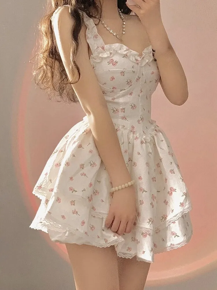 Joskka Summer Lace Kawaii Dress Women Vintage Sleeveless Elegant Sweet Mini Dress Female Floral Print Korean Designer Strap Dress