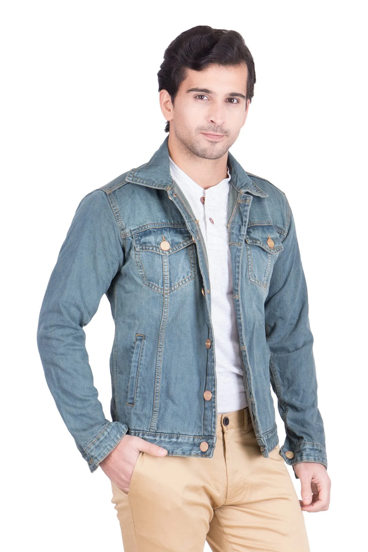 Krossstitch Full Sleeve Greenish Blue Men's Denim Jacket with Brass Button