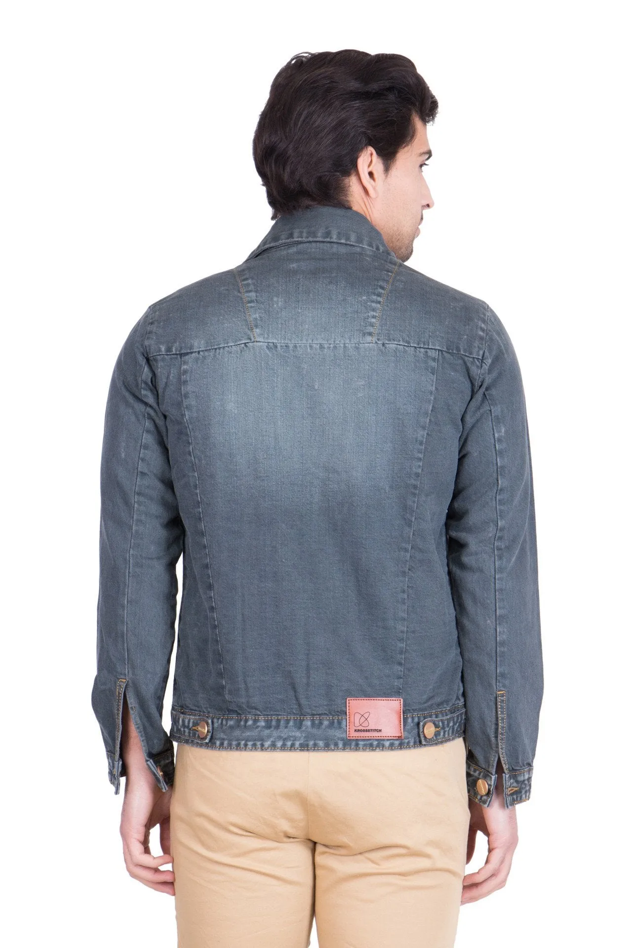 Krossstitch Full Sleeve Greyish Green Men's Denim Jacket with Brass Button