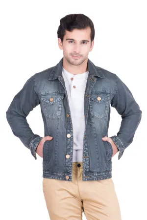 Krossstitch Full Sleeve Greyish Green Men's Denim Jacket with Brass Button