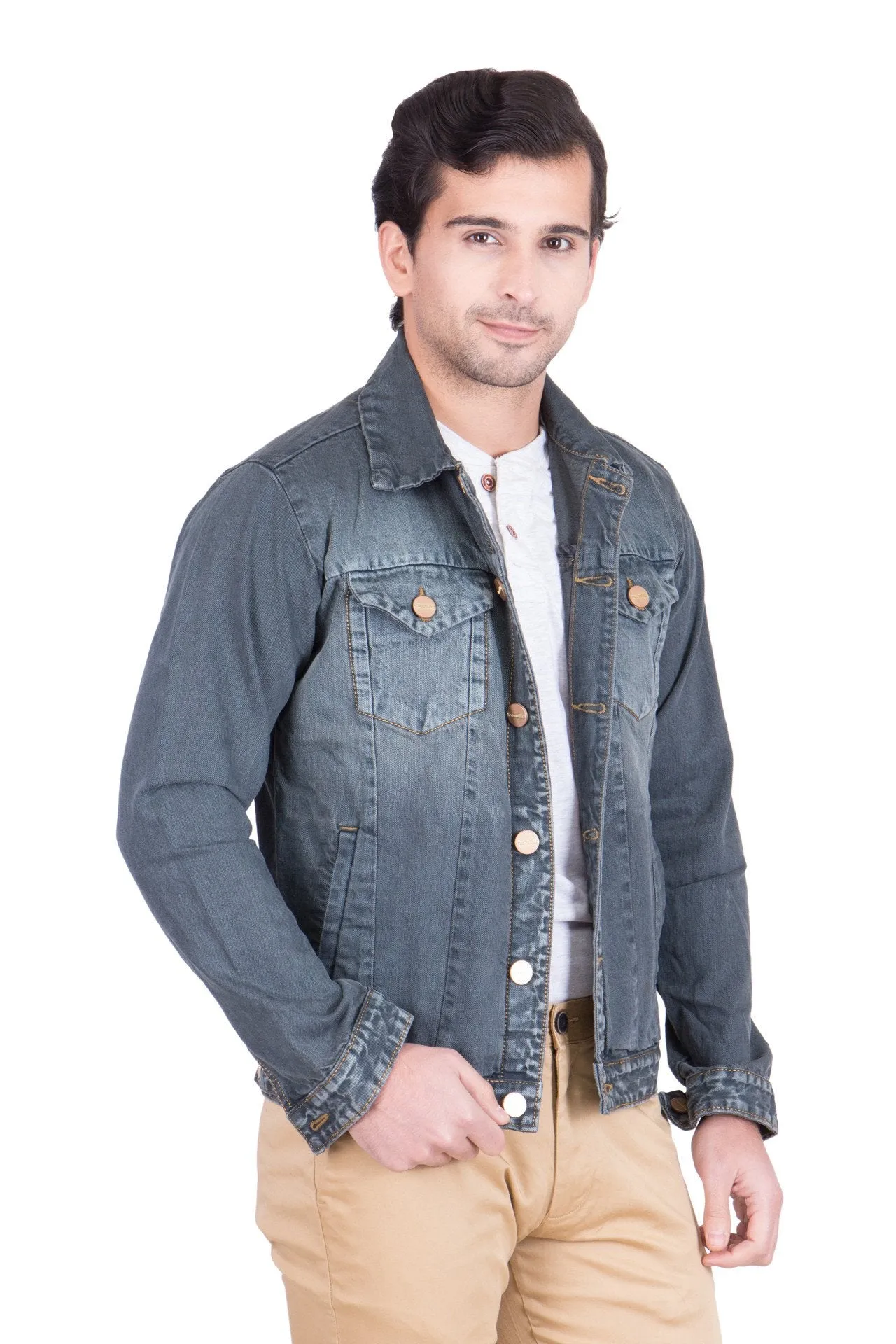 Krossstitch Full Sleeve Greyish Green Men's Denim Jacket with Brass Button