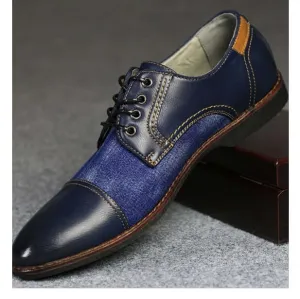 Men's Handmade Blue & Black Cap Toe Leather & Tweed Shoes, Men Dress Lace Up Shoes