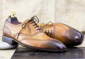 Men's Tan Lace Up Leather Wing Tip Shoes, Hand Painted Shoes, Dress Shoes