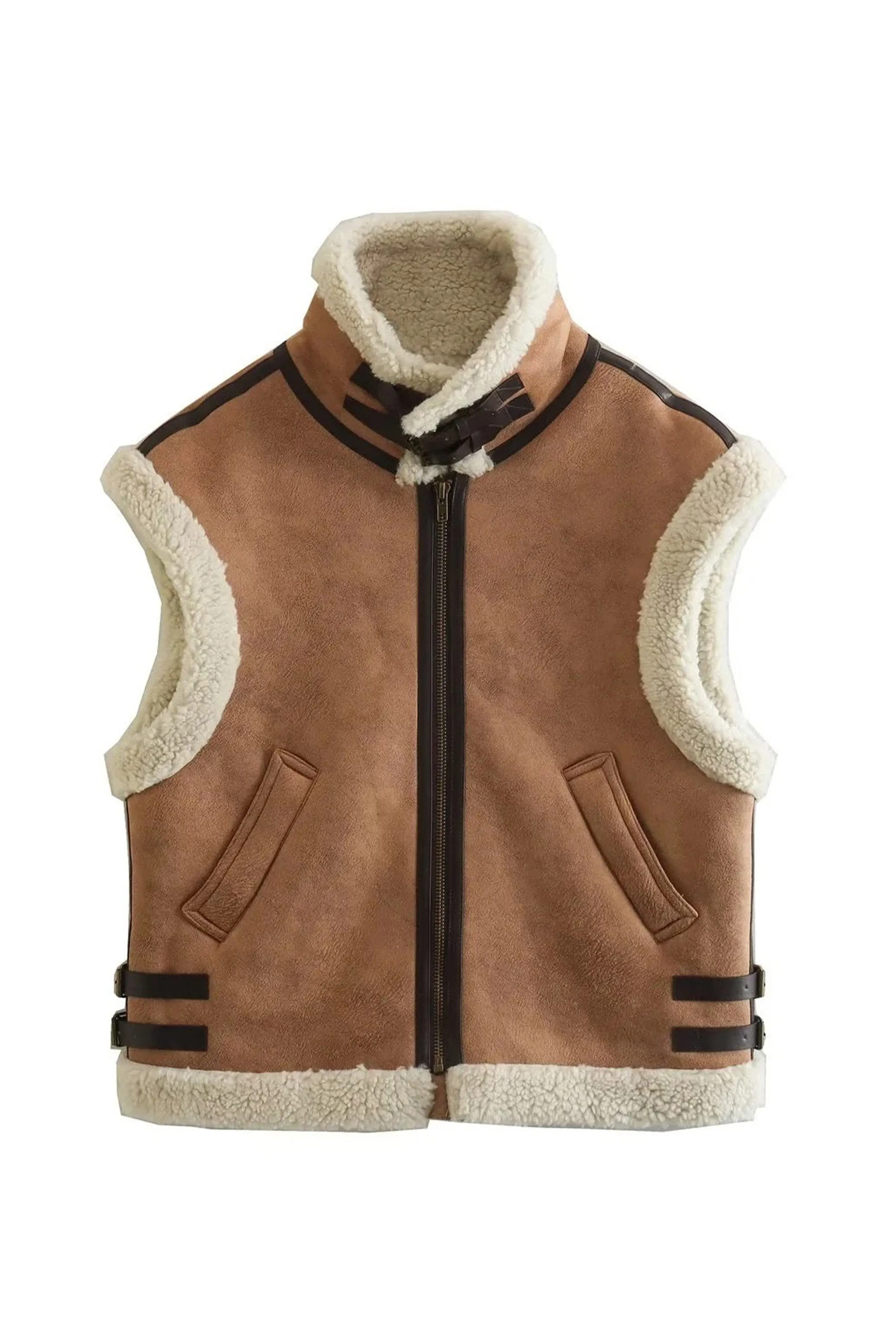 Oversized Sherpa Buckle Vest - Brown