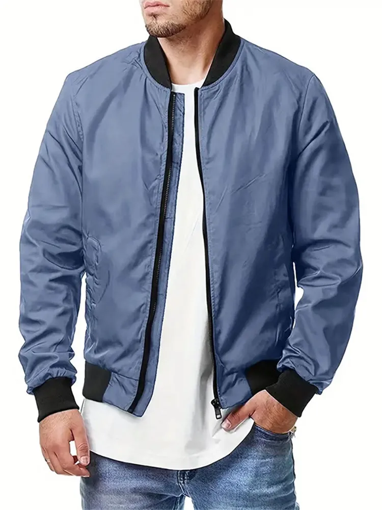 Solid Color Zipper Bomber Jacket