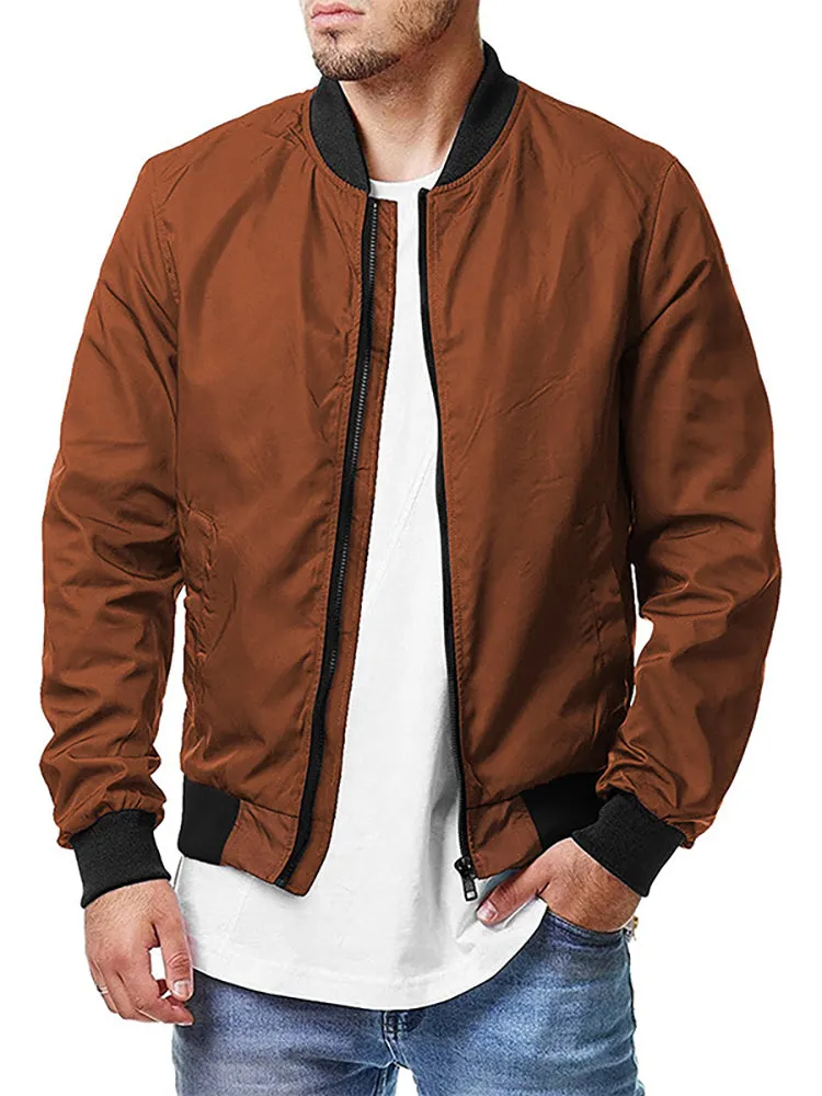 Solid Color Zipper Bomber Jacket